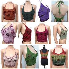 Halter Neck Bikini Top Bralette Back Tie Summer Beach Embroidered 6 8 10 12 14