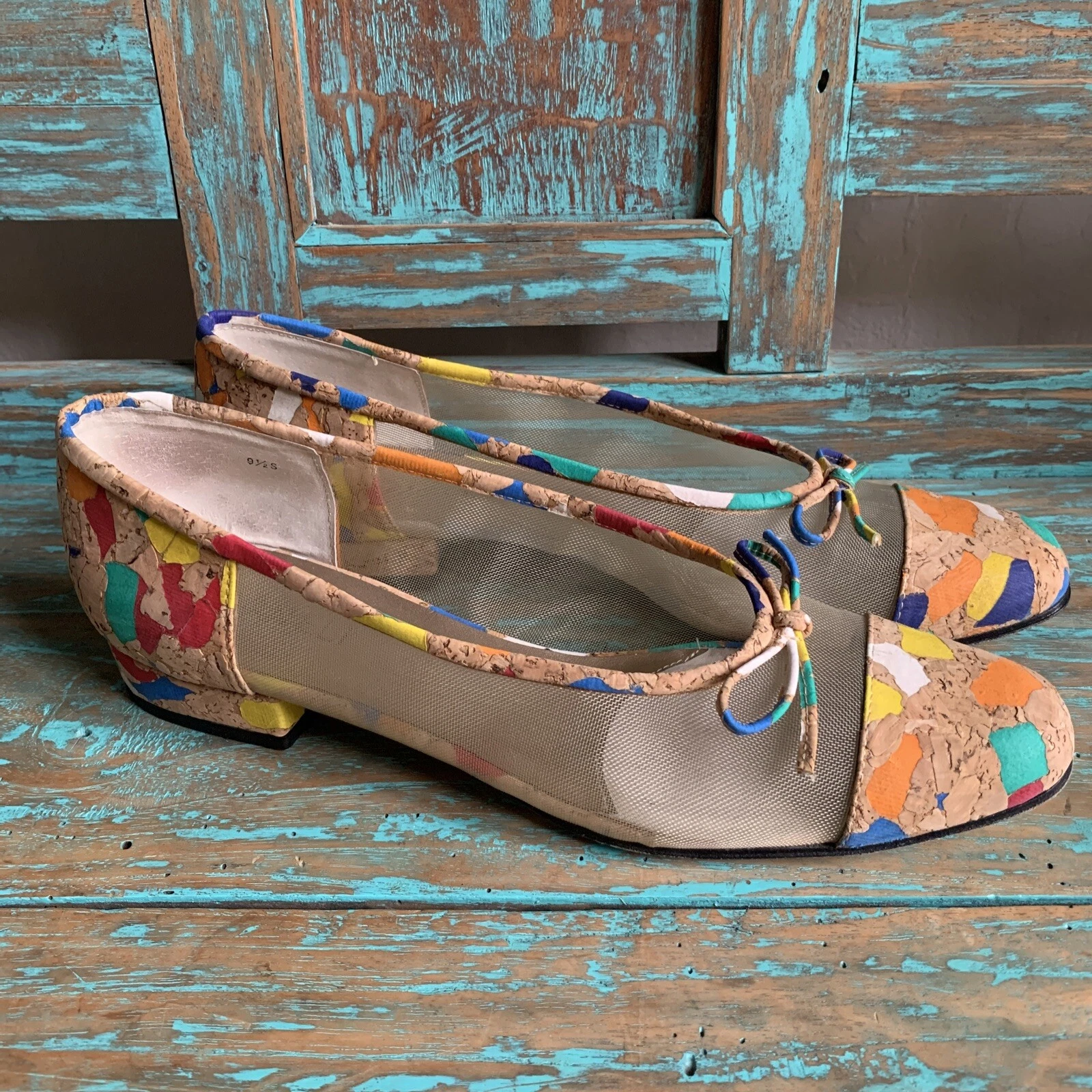 VANS Ballerine vintage Van Eli pelle sughero fiocchi colorati rete slim Vaneli taglia 9 5 Artsy