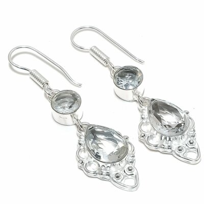 Unique White Topaz Gemstone Handmae 925 Starling Silver Jewelry Earring Sz 2''