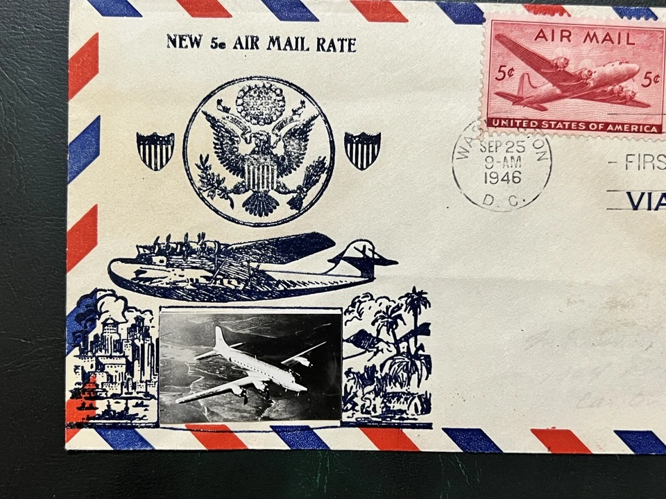 1946 AIRPLANE PHOTO CACHETED NEW 5C AIR MAIL RATE WASHINGTON DC FDC COVER - Image 2 of 3