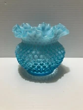 Vintage Fenton Hobnail Vase - Blue Opalescent - Furled Top -  5"