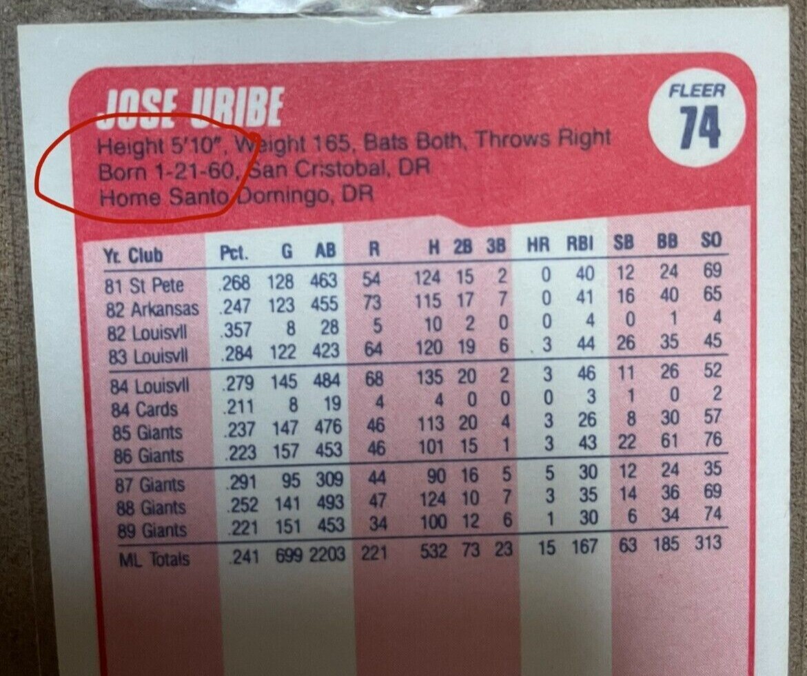 1990 Fleer JOSE URIBE *Error* Misprint #74 Baseball Card Wrong birthdate * RARE * | eBay