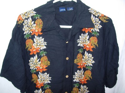 MENS BLACK ORANGE IVORY RAYON HAWAIIAN ISLAND ALOHA TROPICAL SHIRT SIZE M S 44''