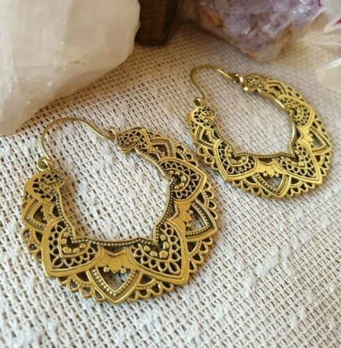 Chunky Tribal Ethnic Celine Designer Earrings Brass Gold Plated