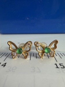 Authentic 14K Gold Plated 925 silver Butterfly Jade Earrings Beatiful Bright Green Jade