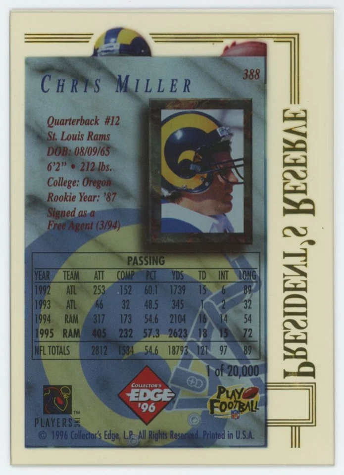 1996 Collector's Edge President's Reserve Chris Miller St. Louis Rams #388 - Image 2 of 2