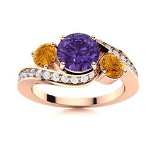 5MM Round Shape Amethyst  Citrine 925 Silver Rose Plated Three Stone Women Ring
