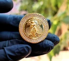 1.30Ct Round Natural Moissanite Liberty Coin Hip Hop Ring 14K Yellow Gold Plated