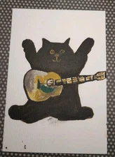 GAT Expressionism Cat Musician Guitar Original Painting 4x6  Whimsical Animals 