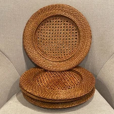 Vintage Set Of 4 Woven Rattan Charger Plates 14" Brown Boho Rustic Farmhouse