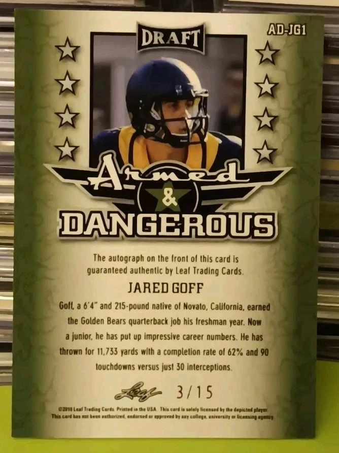 2016 JARED GOFF RC LEAF METAL DRAFT SSP AUTO/15 ARMED & DANGEROUS #AD-JG1 card - Image 2 of 3