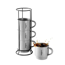 Stackable Coffee Mug Set with Rack - 15 Ounce Porcelain Coffee Mugs for Tea, ...