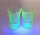 Uranium Vaseline Dunbar Glasses Green Glows Etched Floral Depression shot glass