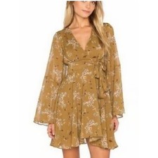 Free People Lilou Toffee Floral Bell Sleeve Tie Waist Mini Dress     Size: XS