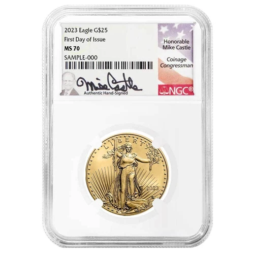 2023 $25 1/2-oz American Gold Eagle NGC MS70 FDI Mike Castle Flag Label