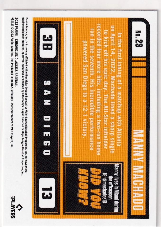 2022 CLASSICS MANNY MACHADO SAN DIEGO PADRES CHRONICLES (AA)-591 - Image 2 of 2