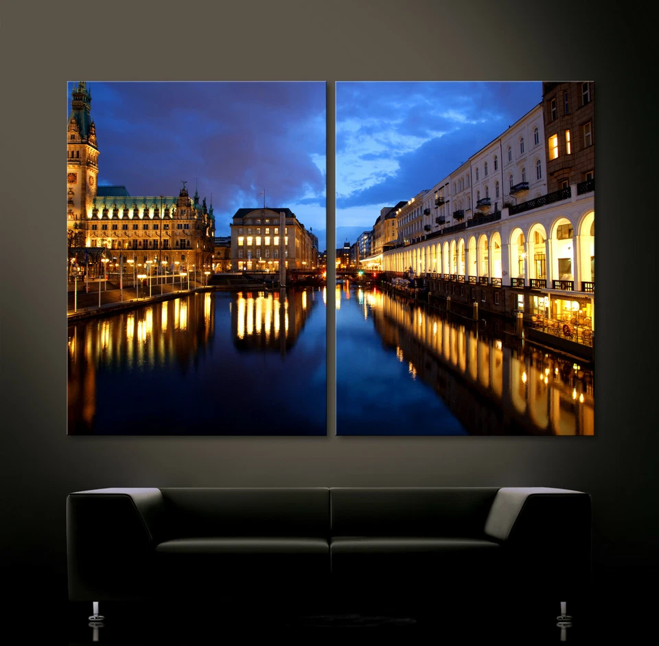 ALSTER ARKADEN Leinwand BILD-SET Modern Abstrakt Schwarz Blau Wandbild Hamburg - Bild 4 von 4