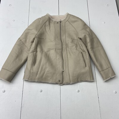 Valencia Beige Faux Leather Sherpa Zip Up Bomber Jacket Women Size L/XL