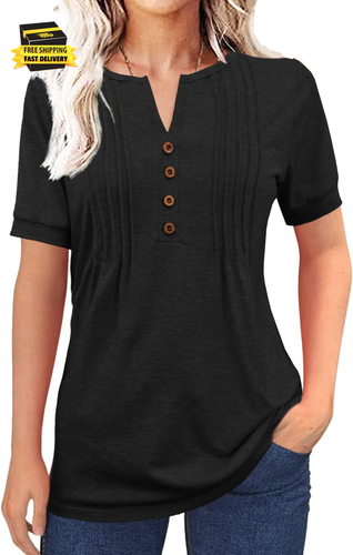 Womens Tops Pleated Button V Neck Short Sleeve Dreesy Casual T-Shirts Summer Fas