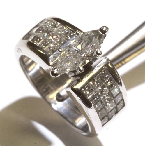 Anillo de compromiso de diamantes marquesa de 2,20 quilates de oro blanco de 18 quilates certificado por GIA 12 g - Imagen 6 de 8