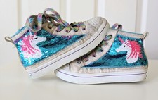 SKECHERS Blue Purple Pink Sequin Flip Kicks Unicorn High Top Shoes Girls Size 2