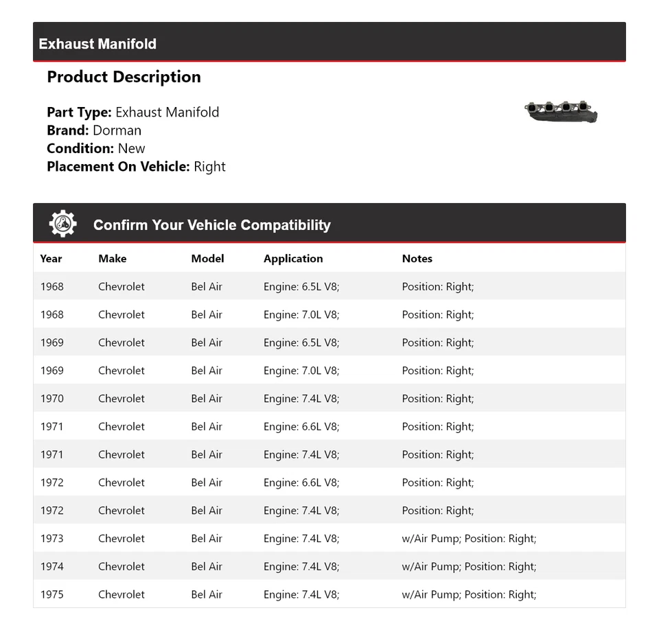For 1968-1975 Chevrolet Bel Air Dorman Exhaust Manifold Right 1969 1970 1971 - Image 2 of 4