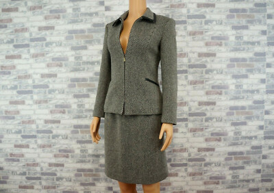 TALBOTS ELEGANTES DAMEN SEIDE MIX TWEED MIT ECHTEM LEDER TWEED KOSTÜM WOLLE 34