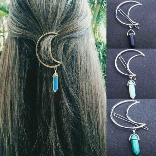 Women Hair Pin Alloy Moon Shape Hexagonal Column Stone Pendant Hair Clip - Picture 1 of 28