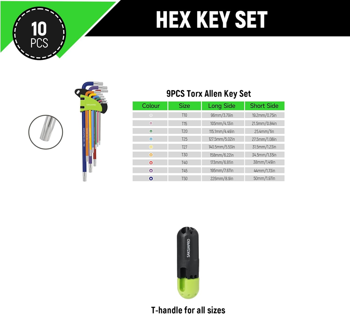 Torx Star Allen Wrench Set, 9-Piece Long Arm Star Key Set T10-T50
