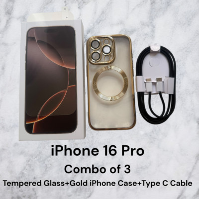 Combo 3~Apple iPhone 16 Pro Case Gold+Tempered Glass+USB Type C Fast~Mag Safe