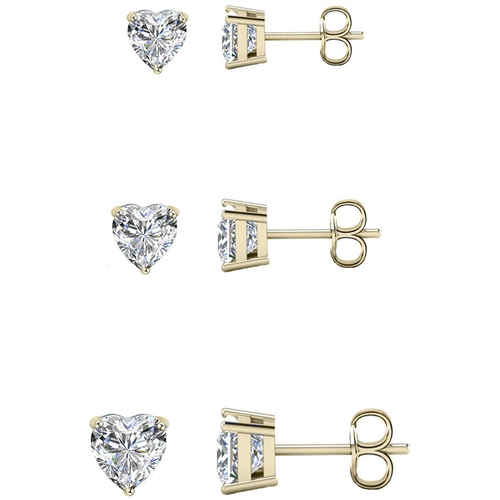 Savlano 3 Pair 14K Yellow Gold Plated CZ Heart Cut Stud Earrings 4mm 6mm & 8mm