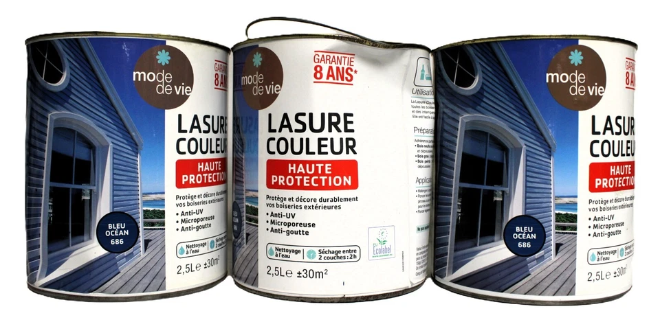 Lot Lasure Haute Protection " Bleu Océan " 3 X 2,5 L - Photo 1/4