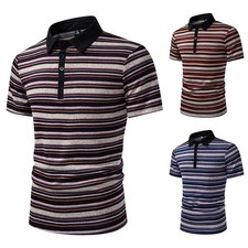 Men's Short-Sleeve Collared Printed Striped Polo Shirt   Summer Business-Casual