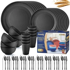 Wheat Straw Dinnerware Sets,64-Piece Black Plates and Bowls Sets for 8-Unbrea...