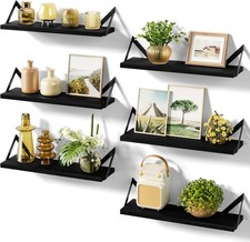 Set of 6 Floating Shelves, 24 Inch Wood Wall Shelves, Weathered Black