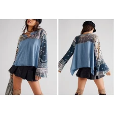 We The Free People L Traiblazer Tee Blue Boho Patchwork Oversize Tunic Crop Top