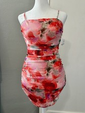 Privy NWT Mini Dress Mesh Ruched Bodycon Pink Orange Floral Watercolor Medium M
