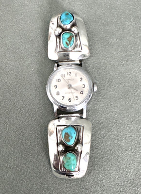 Old Pawn Turquoise Watch Tips Sterling Rain Drops Vintage Timex Wind Up Face