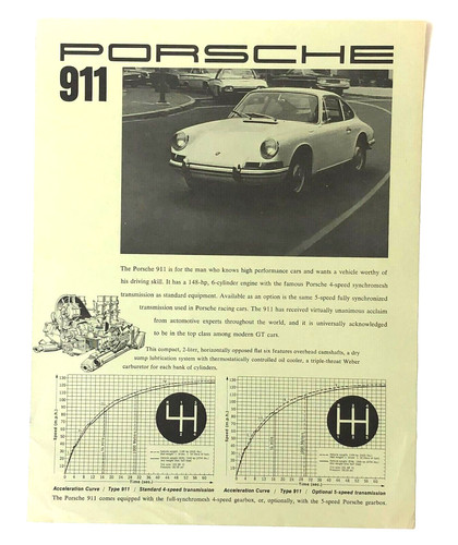 1967 Porsche 911 Sales Fact Sheet Brochure Acceleration Graph Original Vintage