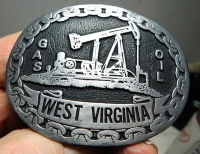 Vintage West Virginia Gas + Oil Oval Silver Toned Metal Souvenir Belt Buckle