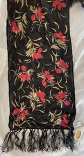 Talbots Black Floral Scarf Red Gold Flowers Silk Fringe Ends 57x10  NWT