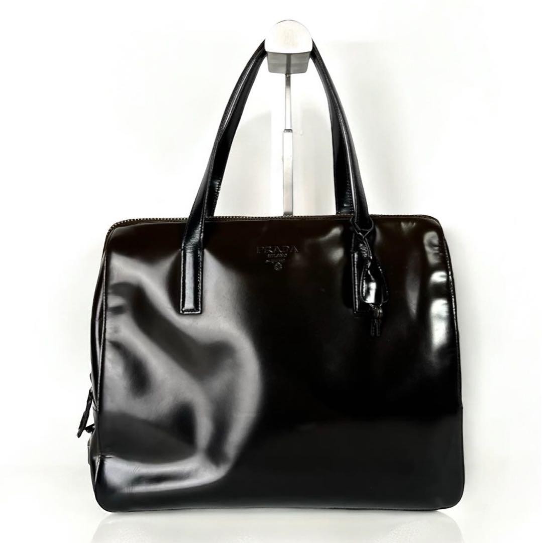 Prada Enamel Logo Handbag Tote Mini Boston Bag Brown