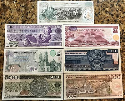 UNCIRCULATED MEXICO SET 7 BANKNOTES LOT 70'S 80'S 5 10 20 50 100