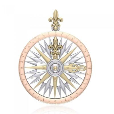 Compass Rose Fleur de Lis 925 Sterling Silver Three Tone Pendant Fine Jewelry