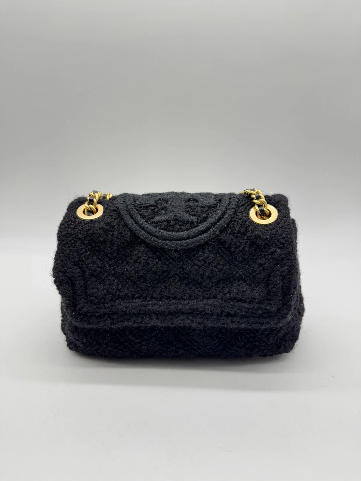 Borsa a tracolla TORY BURCH Fleming morbida tweed bouclé piccola convertibile Nero
