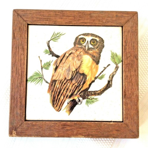 "Schönes 2er Set Vintage Eule Untersetzer in Keramik und Holz gerahmt, 6""x6" - Bild 3 von 8