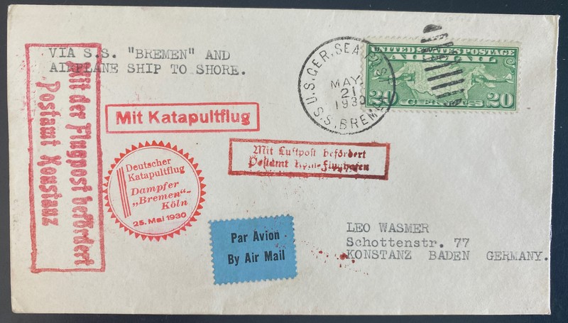 1930 USA Catapult Flight Airmail Cover SS Bremen to Konstanz Germany