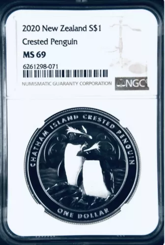 2020 SILVER CRESTED PENGUIN  $1 NEW ZEALAND NGC MS69 BROWN LABEL 1oz .999 Silver