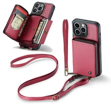 Fr iPhone 16 Pro Max 15 14 13 11 Shoulder Strap Leather Stand Zipper Wallet Case