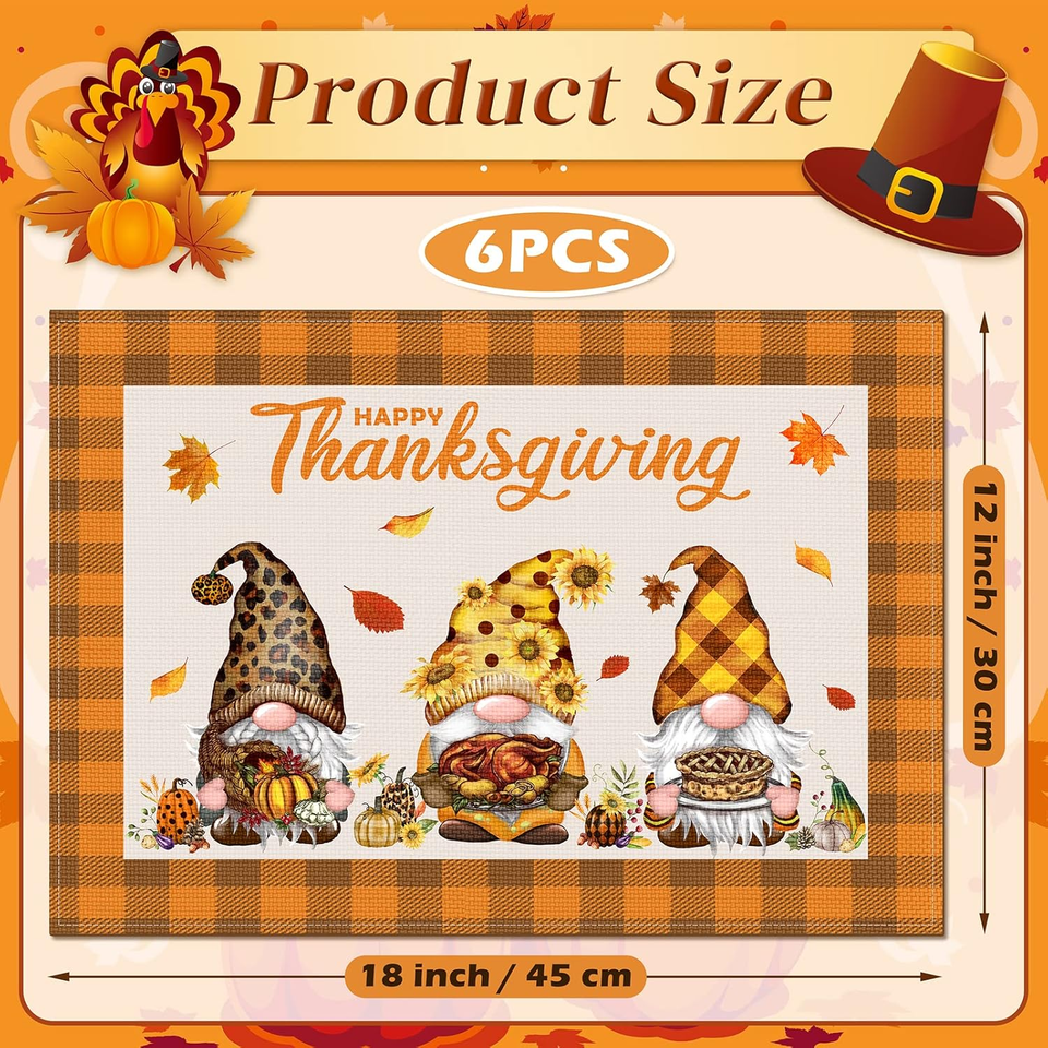 Fall Placemats Set of 6, Happy Thanksgiving Pumpkin Gnomes Table Mats